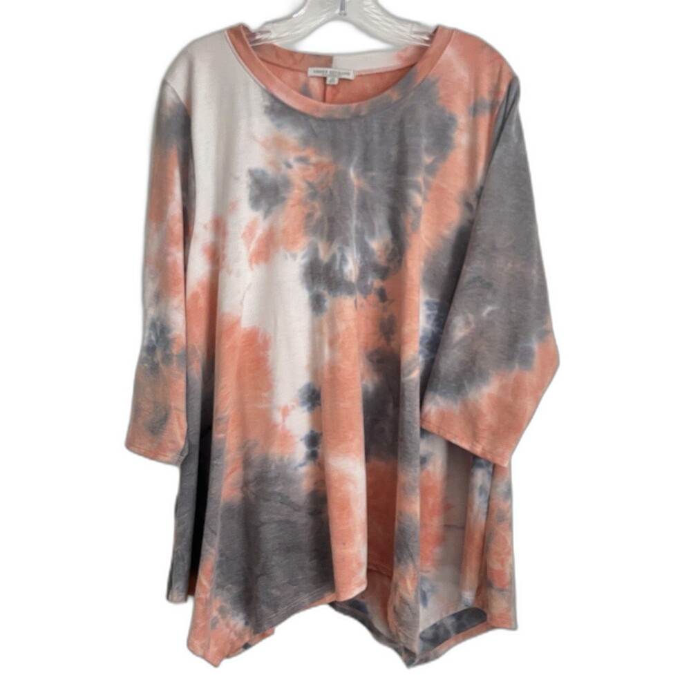 Green Envelope Tie Dye Top 2x Peach Handkerchief Hem 3/4 Sleeves Casual Vacation
